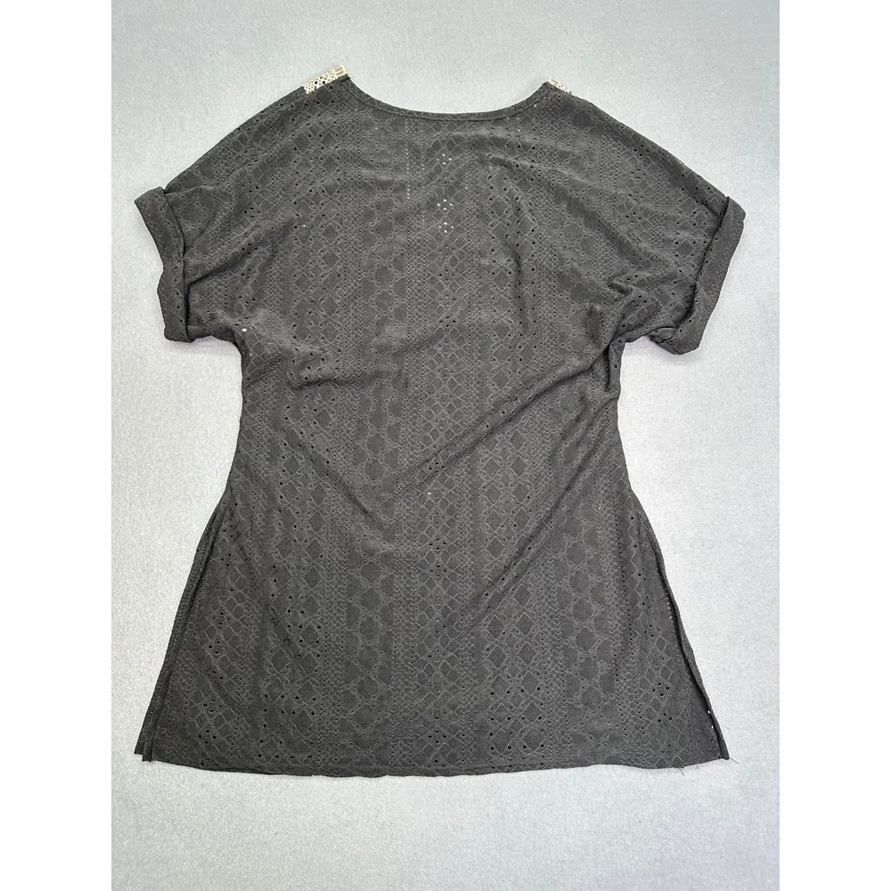 Shein Boho Black Eyelet Crochet Trim V-Neck Swim Cover Up Tunic Size Medium US 6
